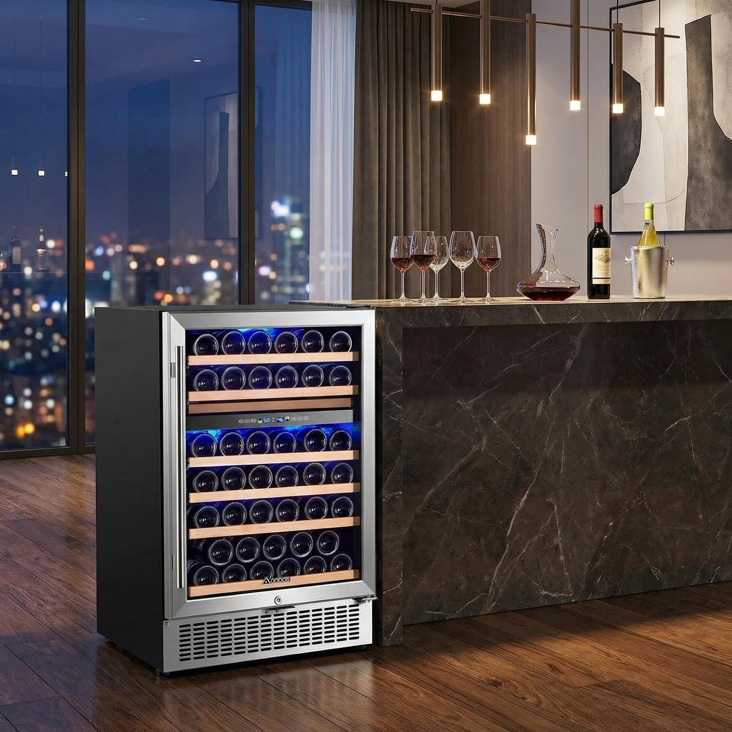AAOBOSI 51 Bottle Wine Fridge, 24-Inch Dual Zone Wine Cooler Refrigerator, Built-In or Freestanding Under Counter Wine Fridge with Compressor, Digital Temperature Control, Low Noise for Home Bar