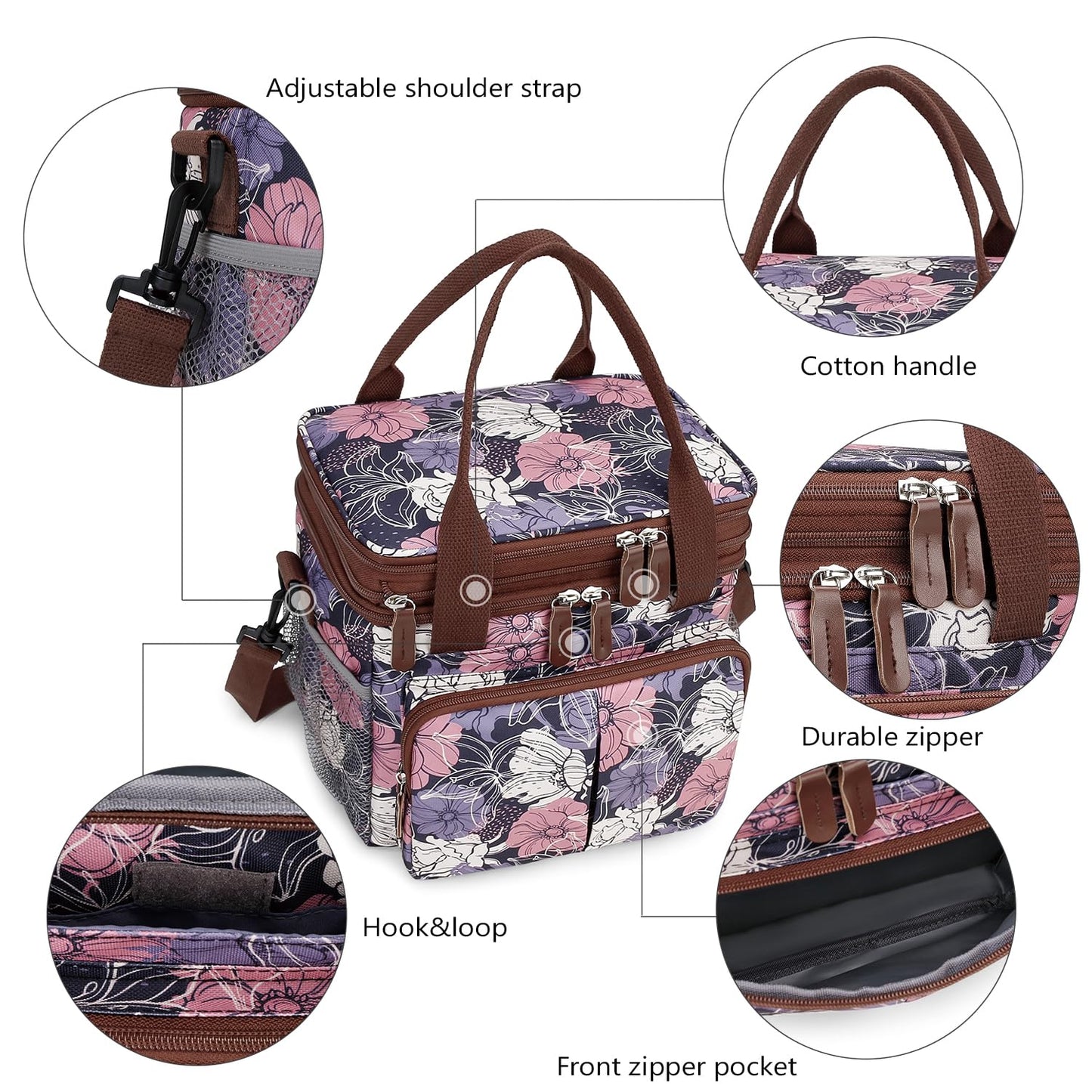 MOV COMPRA Lunch Bag for Women Men Double Deck Expandable Lunch Box,Large Lunch Bags,Leakproof Lunch Box Cooler Bag (Purple Flower)