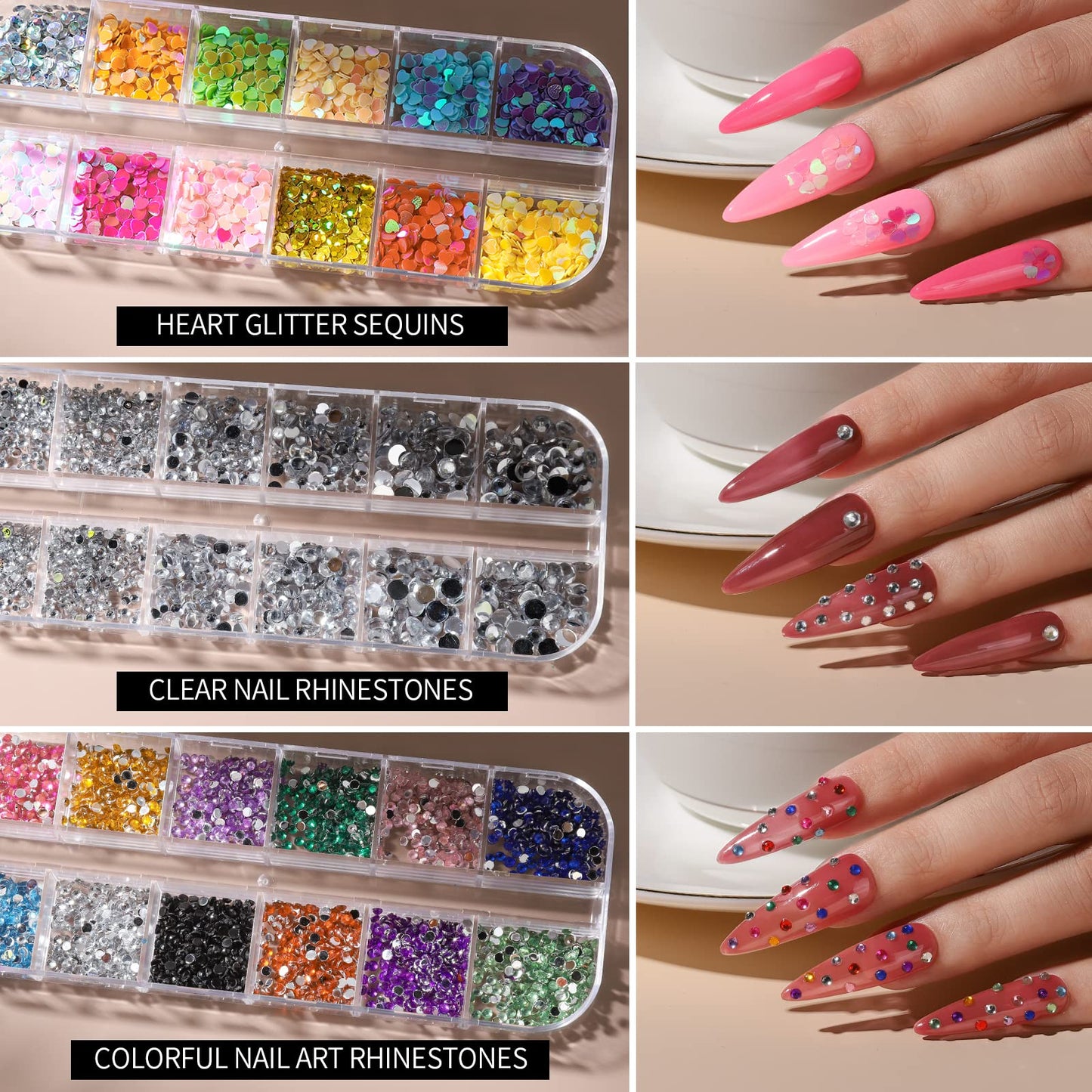FANDAMEI Nail Art Brush, Nail Design Tools Kit with Nail Art Brushes, Nail Dotting Tools,Fine Glitter,Nail Butterfly, Nail Heart Sequins, Foil Flakes, Nail Art Rhinestones, Nail Art Decoration Kit.