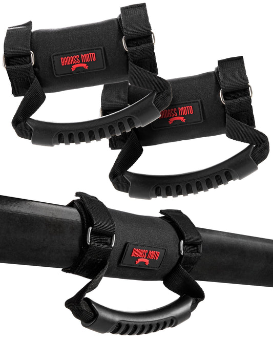 Badass Moto Roll Bar Grab Handles - SXS, ATV, & UTV Grab Handles Grips for 1.5 to 2" Rollbar - Black & Red Hand Grip Grabs with Stainless Steel Buckles for Honda, Teryx, Can-Am, Polaris, More - 2 pack