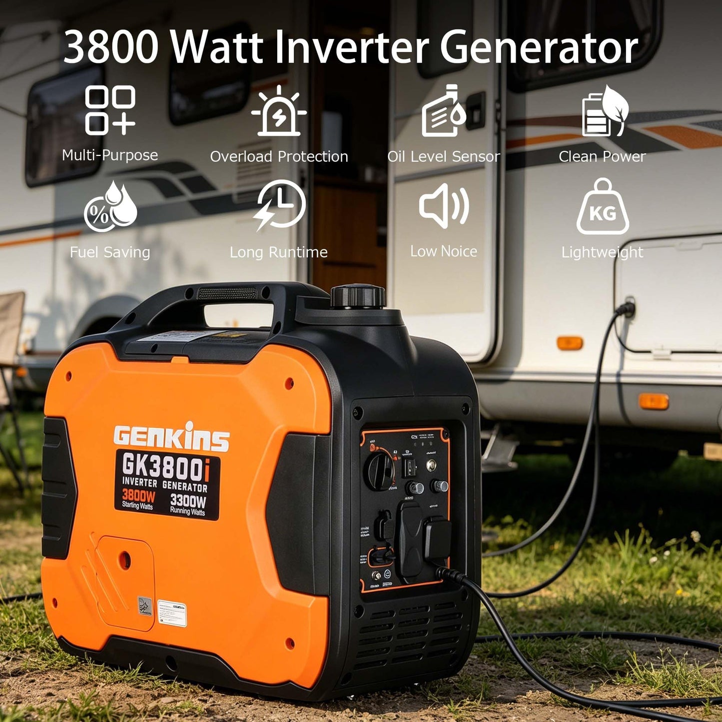 GENKINS 3800W Portable Parallel Capable Inverter Generator,Gas Powered,CO Sensor & ESC Fuel-Saving,Ultra Quiet, RV Ready, Ideal for Camping & Outdoor Use, EPA Compliant