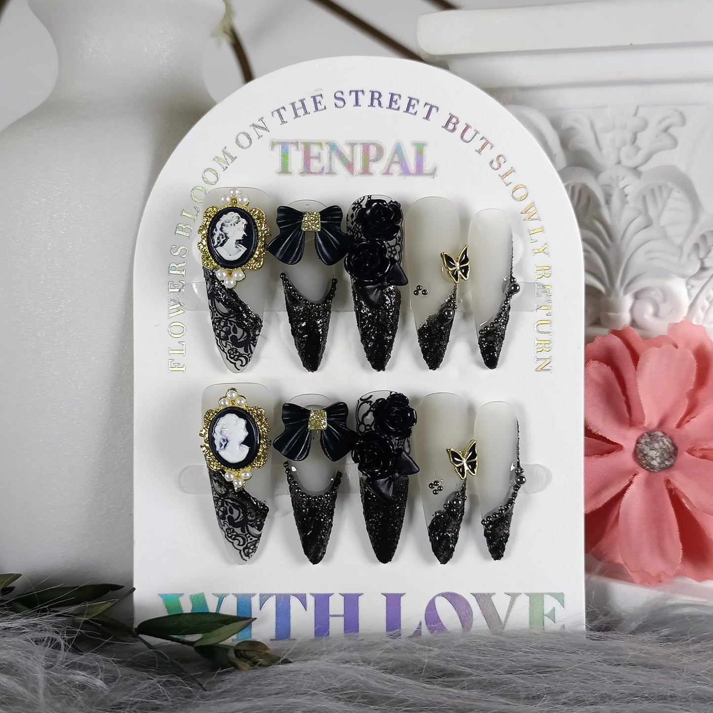 TENPAL 10Pcs Gothic Press On Nails Long Stiletto,Baroque Cameo & Floral Lace French Tip Glue on Nails with 3D Charms,Victorian Gothic Nails w/Tools,Glossy Dark Romantic Fake Nails for Party Event(XS)
