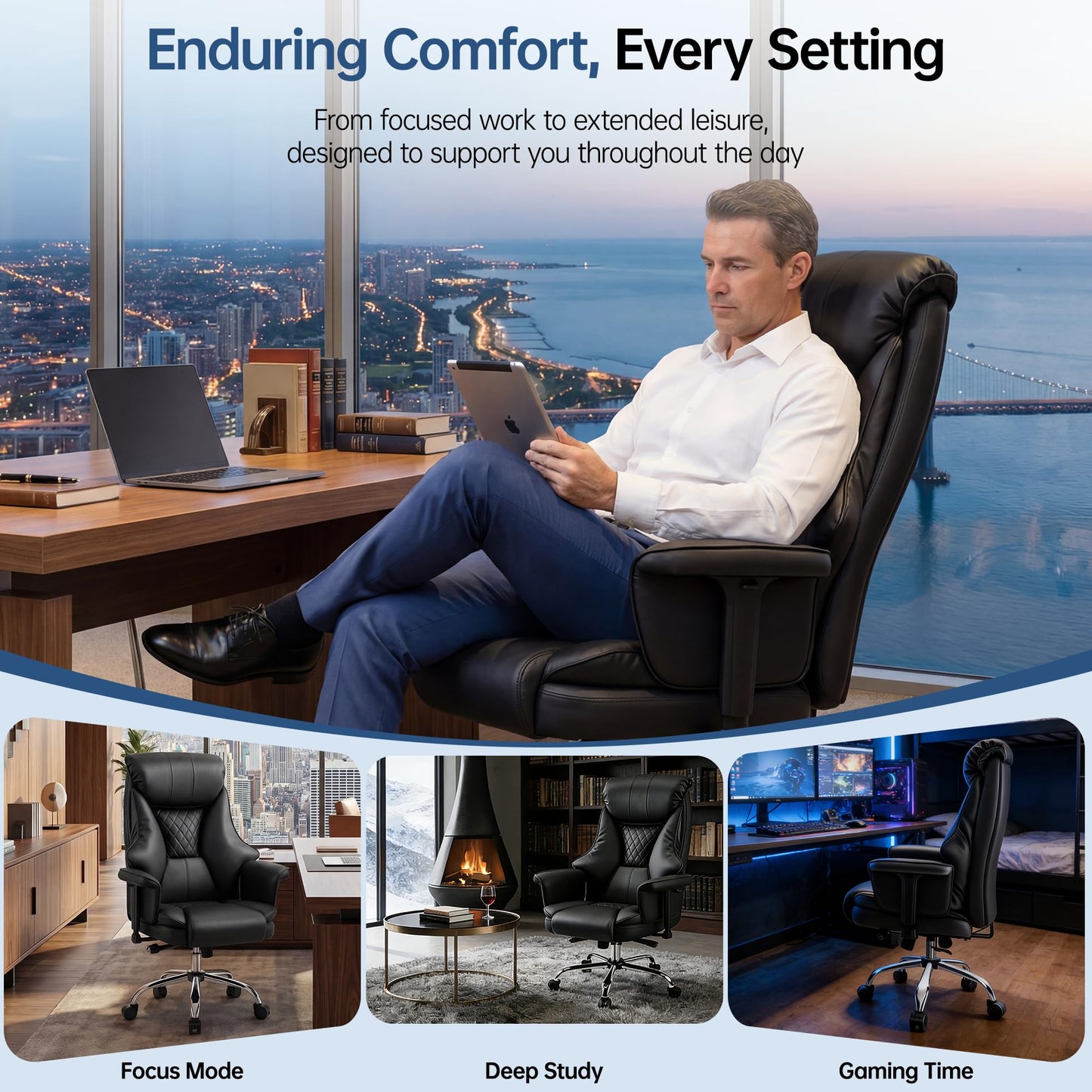 AreShark Big and Tall Office Chair - Executive High Back Leather Office Desk Chair with Adjustable Lumbar Support - Ergonomic Comfortable Heavy Duty Computer Gaming Chair with Padded Arms & Wide Seat