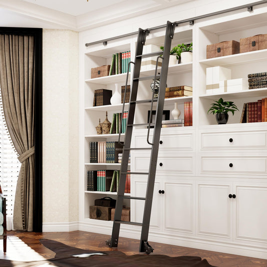 DIYHD 96" Lightweight Sliding Library Ladder with Handrail, Rolling Bookshelf Ladder with 4FT Rail System, Telescopic Top Hook, Upright Space-Saving Storage Design, 8 Steps, 300 Pound Capacity, Black
