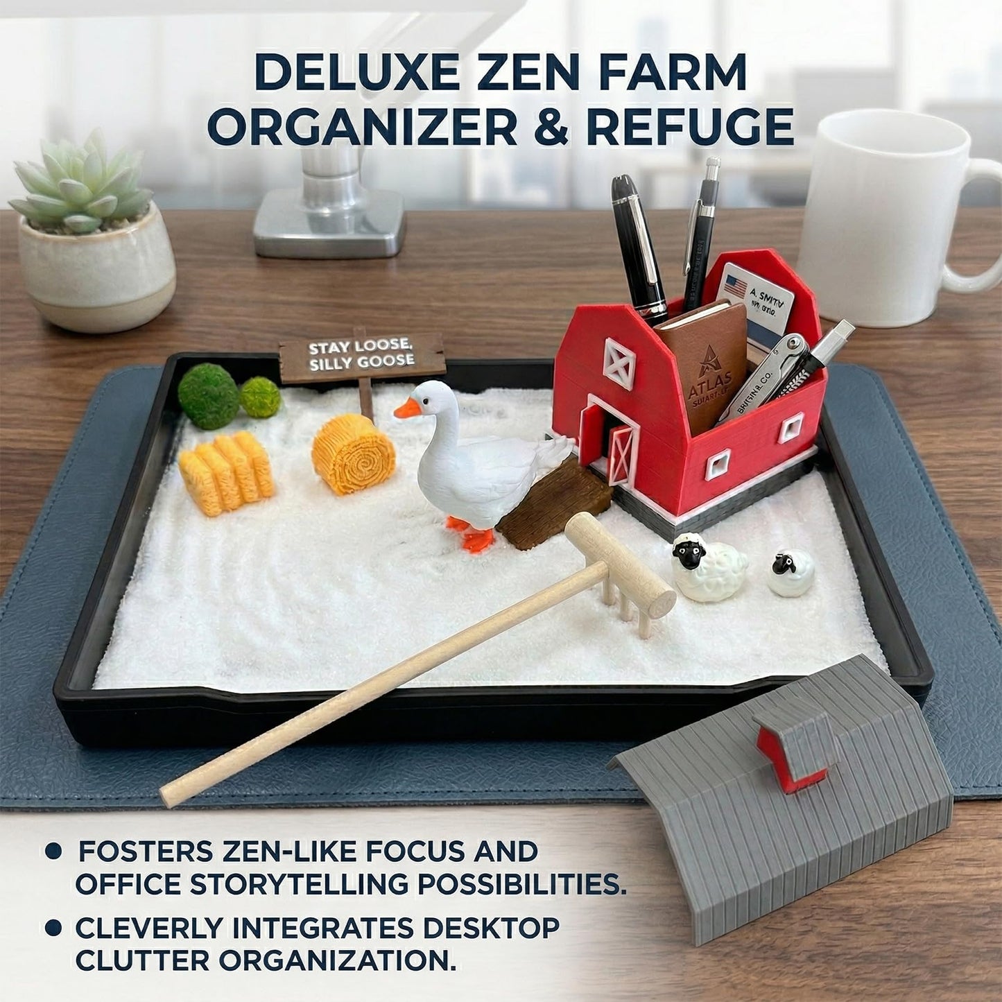 CMLDGIA Goose Mini Zen Garden Kit Decorative Sand Tray Decor with Desk Goose, Barn & Interchangeable Signs Stress Relief Office Sandbox Accessories