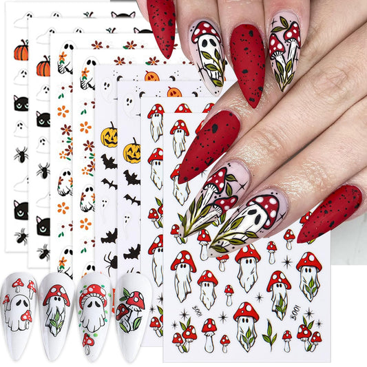 8 Sheets Halloween Nail Stickers 3D Self-Adhesive Horror Mushroom Nail Art Stickers Cat Flower Spider Pumpkin Nail Design Cute Ghost with French Tip Gothic Nail Decals for Women Manicure Salon