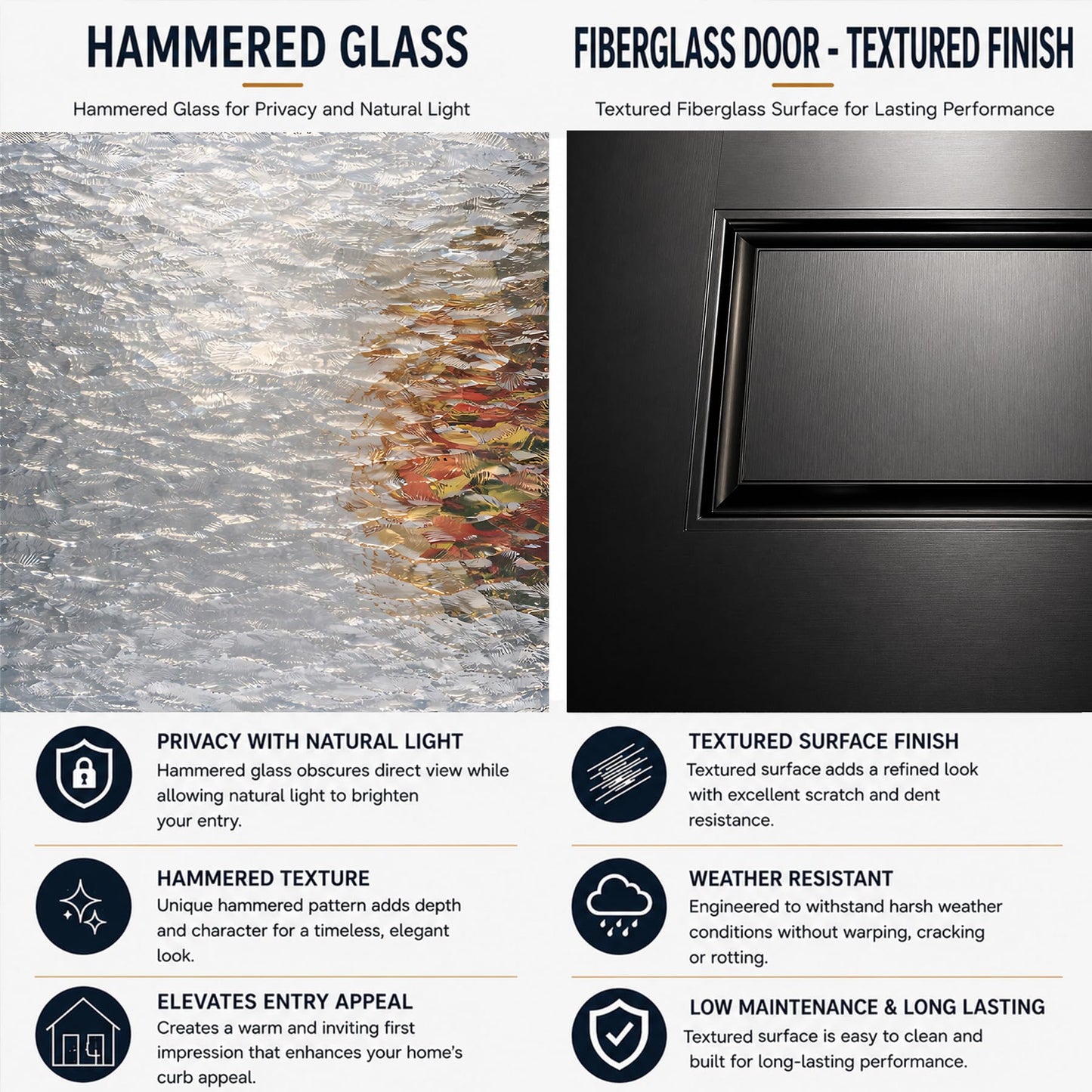 53x80in Fiberglass Front Door with 14in Sidelight, Black Exterior Entry Door for Home, Left-Hand Inswing, Textured Finished with Hammered Glass Knock-Down Door, Vinyl Frame and Brickmould Included