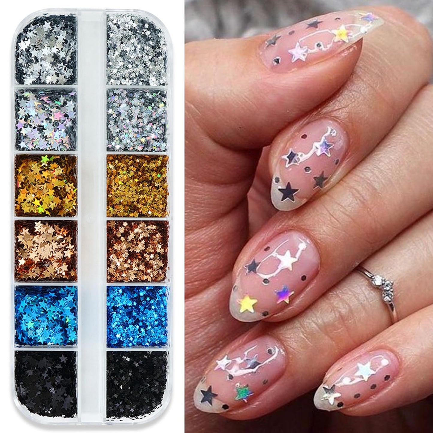 12-Grid Mini Star Holographic Nail Glitter,Mixed Five-Pointed Stars Shaped Nail Sequins Golden Silvery Sparkling Star Nail Design Pentagram Flake Shiny DIY Manicure Accessories for Women