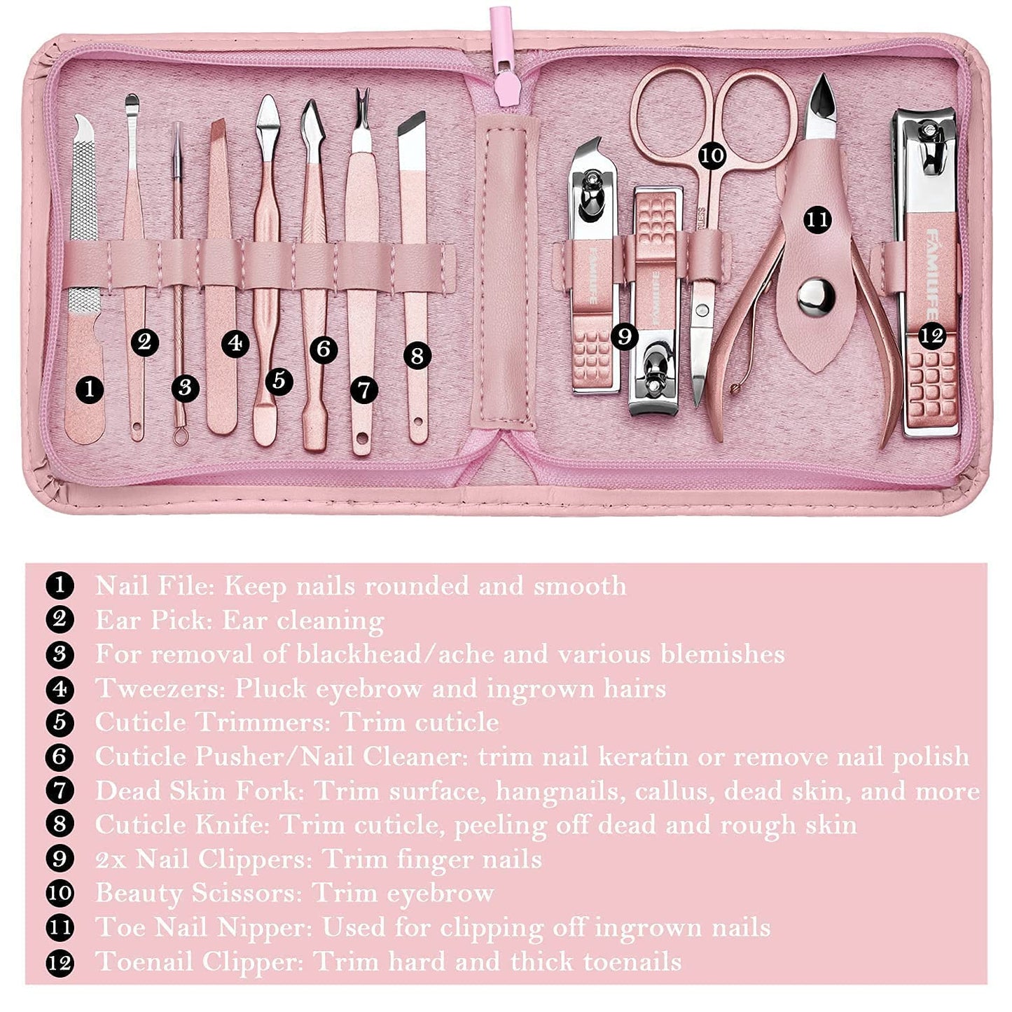 FAMILIFE Manicure Set, Pedicure Kit Nail Clipper Set 16pcs Professional Men Black Grooming Kit and 13pcs Pedicure Kit Rose Gold Nail Clipper Set Professional Manicure Kit Pink Stainless Steel