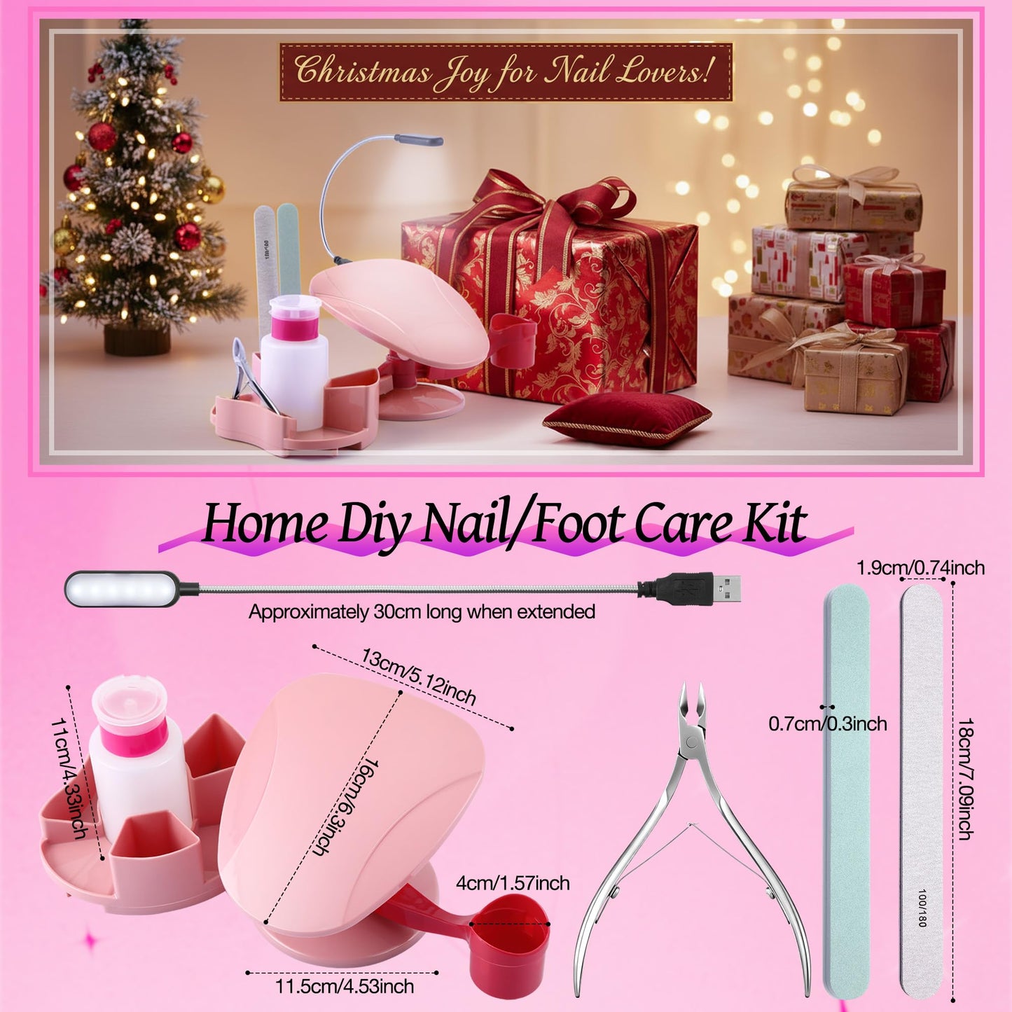 Enhon Manicure Supplies, Nail Stand Hand Rest for Nails with Multi Angle & Polish Trays, Manicure Set 3 Pieces & LED Lights, Foot Station Supply for Salon Home DIY, Christmas Gifts for Women (Pink)