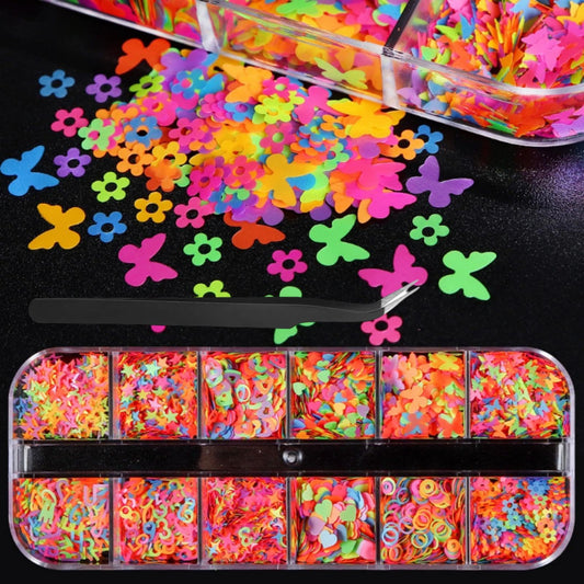 1 Box Holographic Heart Star Nail Glitter Butterfly Flower Nail Sequins 3D Letter Alphabet Nail Flakes Sparkly Powder Flakes Shiny Nail Glitter Figure Nail Sequins Glitter for Nails Art 12 Grids