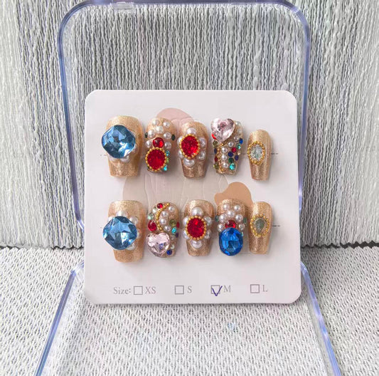 Handmade Press on Nails Long Coffin False Nails Gold False Nailswith 3D Rhinestones Designs Charm Cute luxury Sparkly Acrylic Nails for Women (Size M）10pcs
