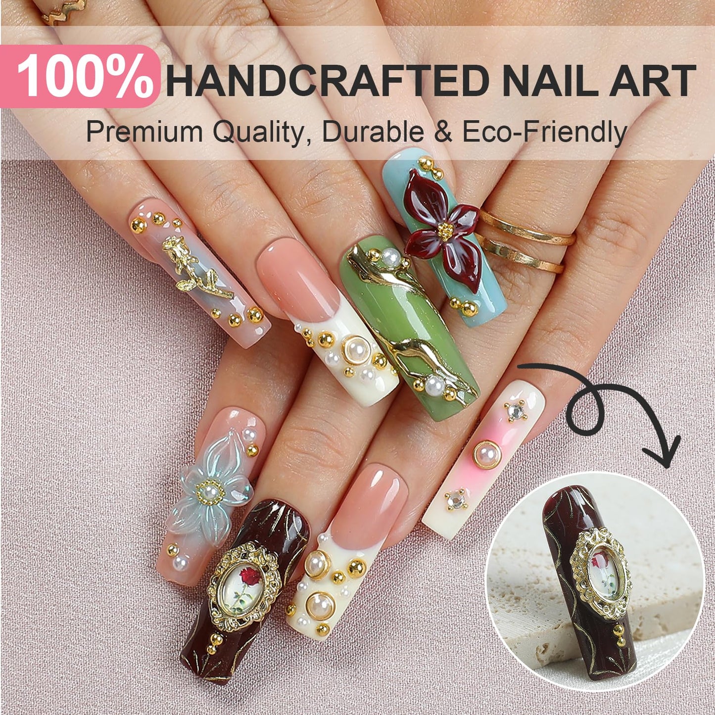 XGV Handmade Artificial Nails Press on Kit, 10pcs Medium Square Fake Nails, Floral Design, Reusable Press on Nails for Party Birthday Wedding
