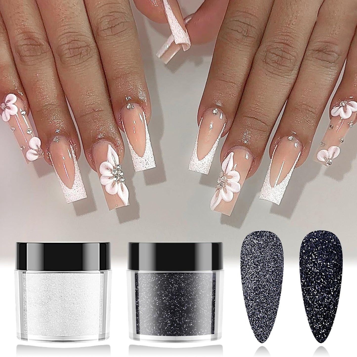 Furtherpretty Nail Glitter Powder Set, 2PCS Black & White Extra Fine Glitter Dust for Nails, Sugar Effect Powder for Acrylic Nails, Shiny Nail Art Decoration, Efecto Azúcar para Uñas Acrílicas