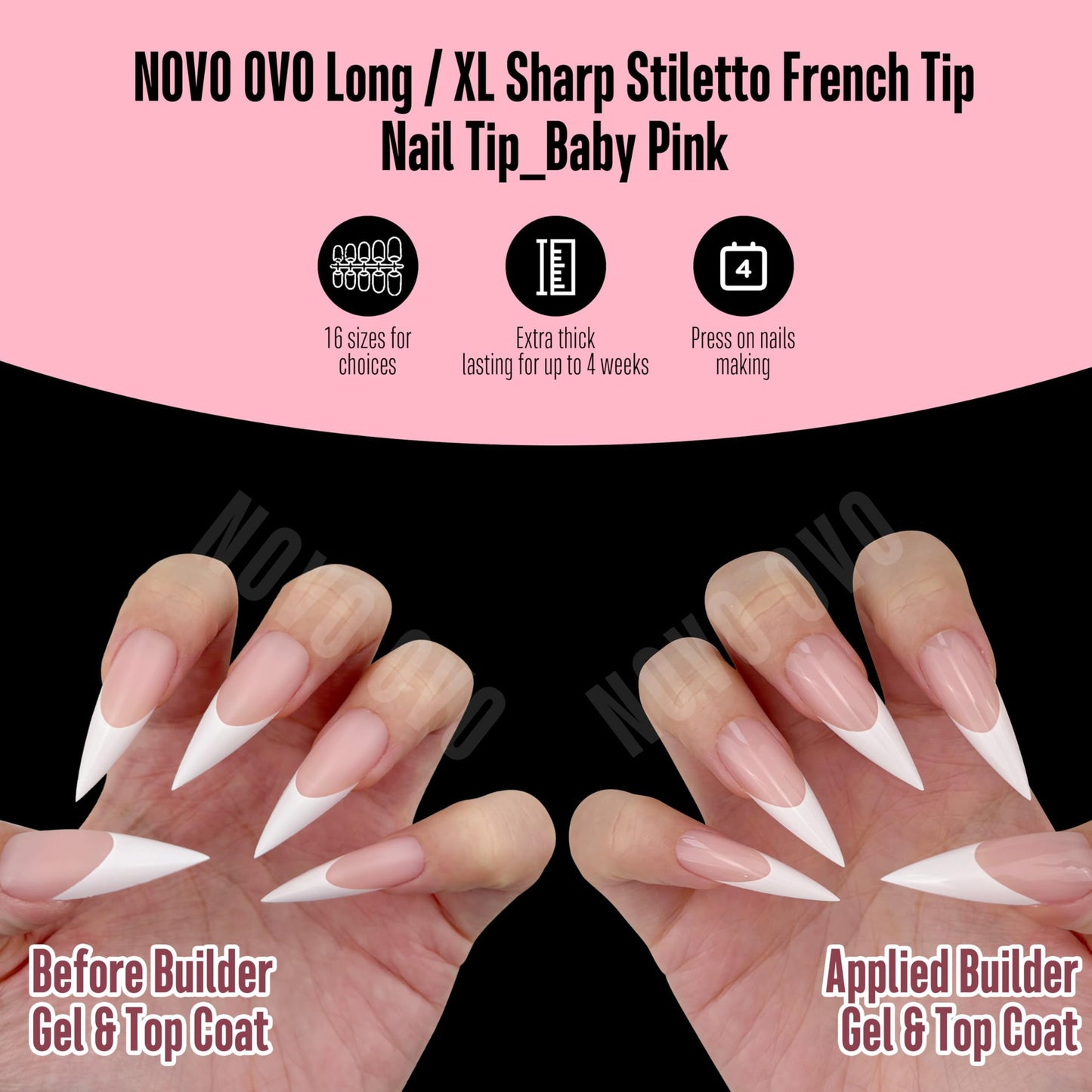 NOVO OVO White French Tip Long XL Sharp Stiletto Nail Tips Press on BABY PINK, Soft Gel Double Matte Fake Nail Extension, Full Cover False Nails for Acrylic DIY x 16 Sizes 160 pcs
