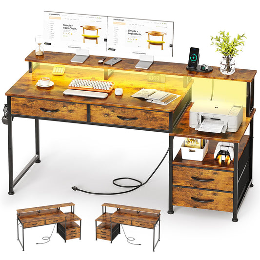 53" Computer Desk with 4 Drawers & Power Outlets, Reversible Home Office Desk with Monitor Stand & Printer Stand, Gaming Desks with Led Lights, Study Writing Work Desks Table for Bedroom, Vintage