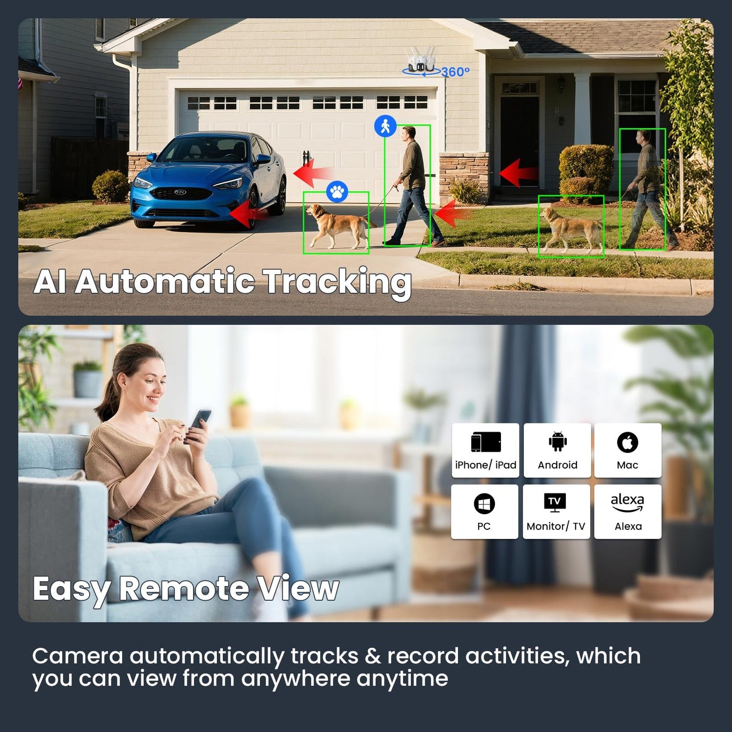 XMARTO 10X Zoom Mesh WiFi6 PTZ AI Tracking Security Camera System, 4-Cam 2K Dual Lens Kit, 10CH 4K Expandable NVR 1TB HDD, Long Range WiFi, Plug-in 24/7 Wireless Indoor/Outdoor Surveillance