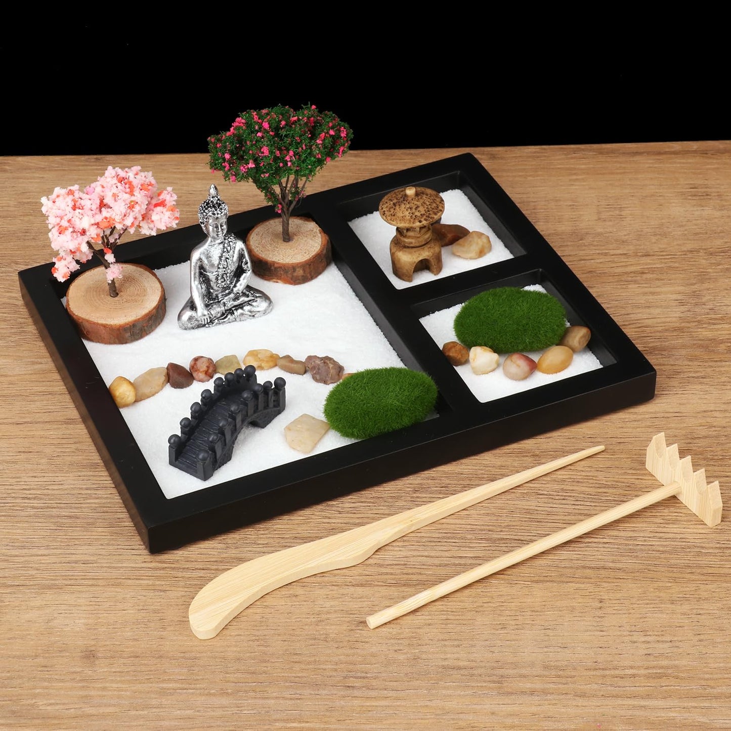 Zen Garden Kit, Mini Zen Garden for Desk - Zen Sand Garden for Office Decor with Pebble, Zen Sand, Bridge, Algae, Buddha & Rake Tool Zen Garden for Meditation