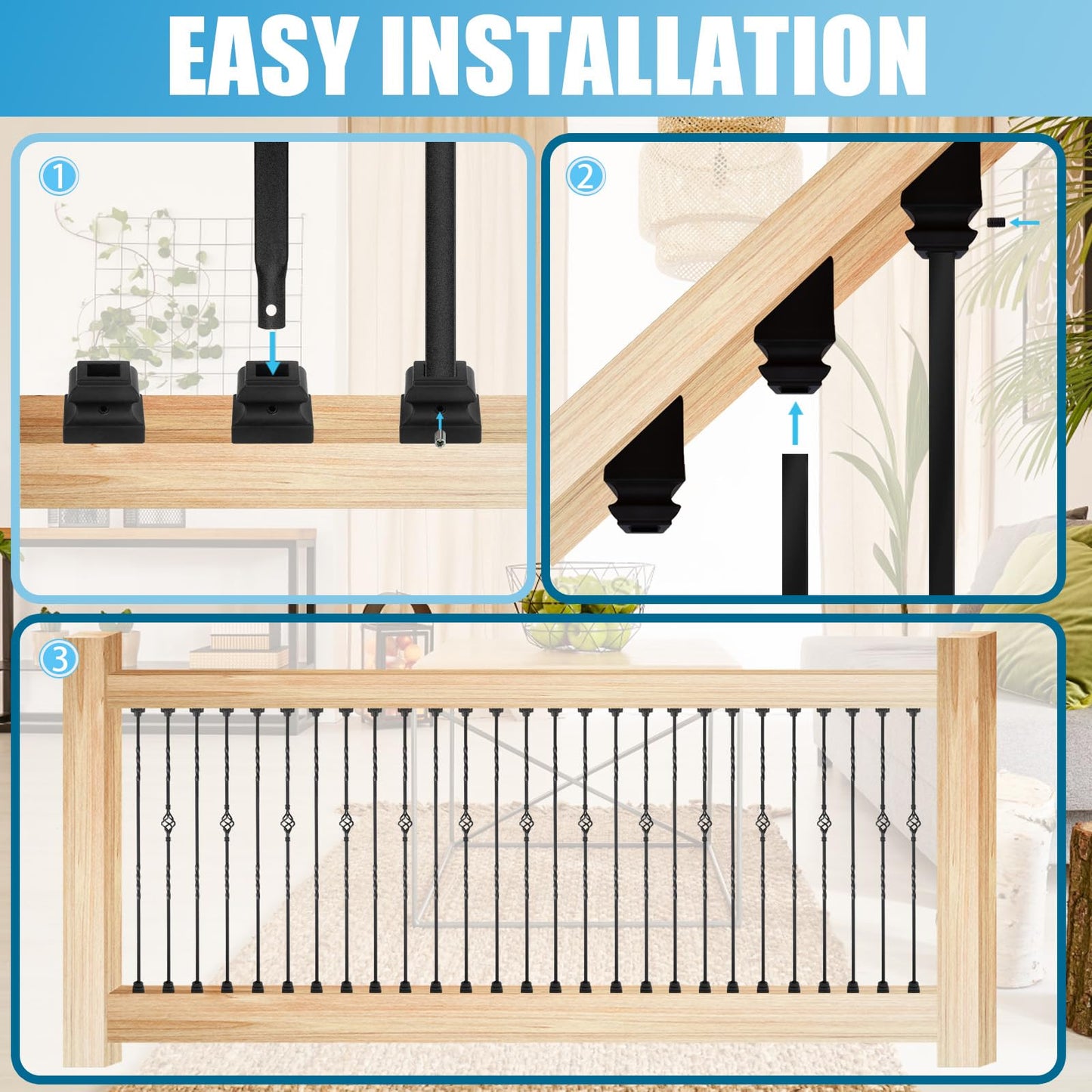 30 Pack Staircases Iron Balusters -1/2'' Square Hollow Metal Spindles with Single Basket and Double Twist Design, Includes 30 Flat Shoes & 30 Angle Shoes