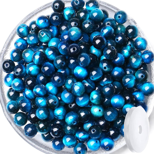 QINJIEJIE 60PCS Aquamarine Tiger Eye Beads 8mm Stone Beads Round Loose Gemstone Bead for Bracelet Beading Crystal Making DIY Necklace Earrings 0.32"