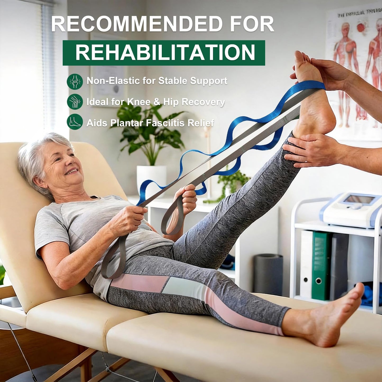 Acozycoo Stretching Strap with 10 Loops – Non-Elastic Yoga Strap for Physical Therapy, Knee Replacement Recovery & Plantar Fasciitis – Leg Stretcher Band for Flexibility & Hamstring Rehab（Blue)