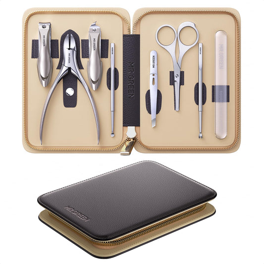 MR.GREEN 8-in-1 Manicure & Pedicure Set – Professional German Stainless Steel Nail Clippers Grooming Kit with Splash-Proof Nail Clipper & Leather Travel Case (Chestnut Brown)
