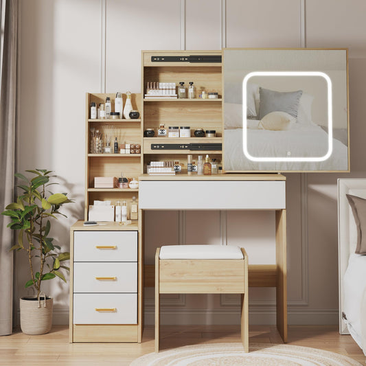 Vanity Desk With Mirror and LED Lights, Makeup Vanity Desk With Sliding Mirror, Power Outlet, 3 Color Adjustable Light, Dressing Table With 4 Drawers, Storage Shelves & Stool for Bedroom, Natural