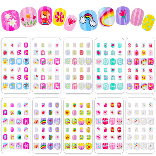 240 Pieces Fake Nails for Kids Girls Artificial Kids Press on Nails Full Cover Short Acrylic Stick On Nails False Nail Tips Kit for Children Little Girls Nail Art Decoration (Rainbow)