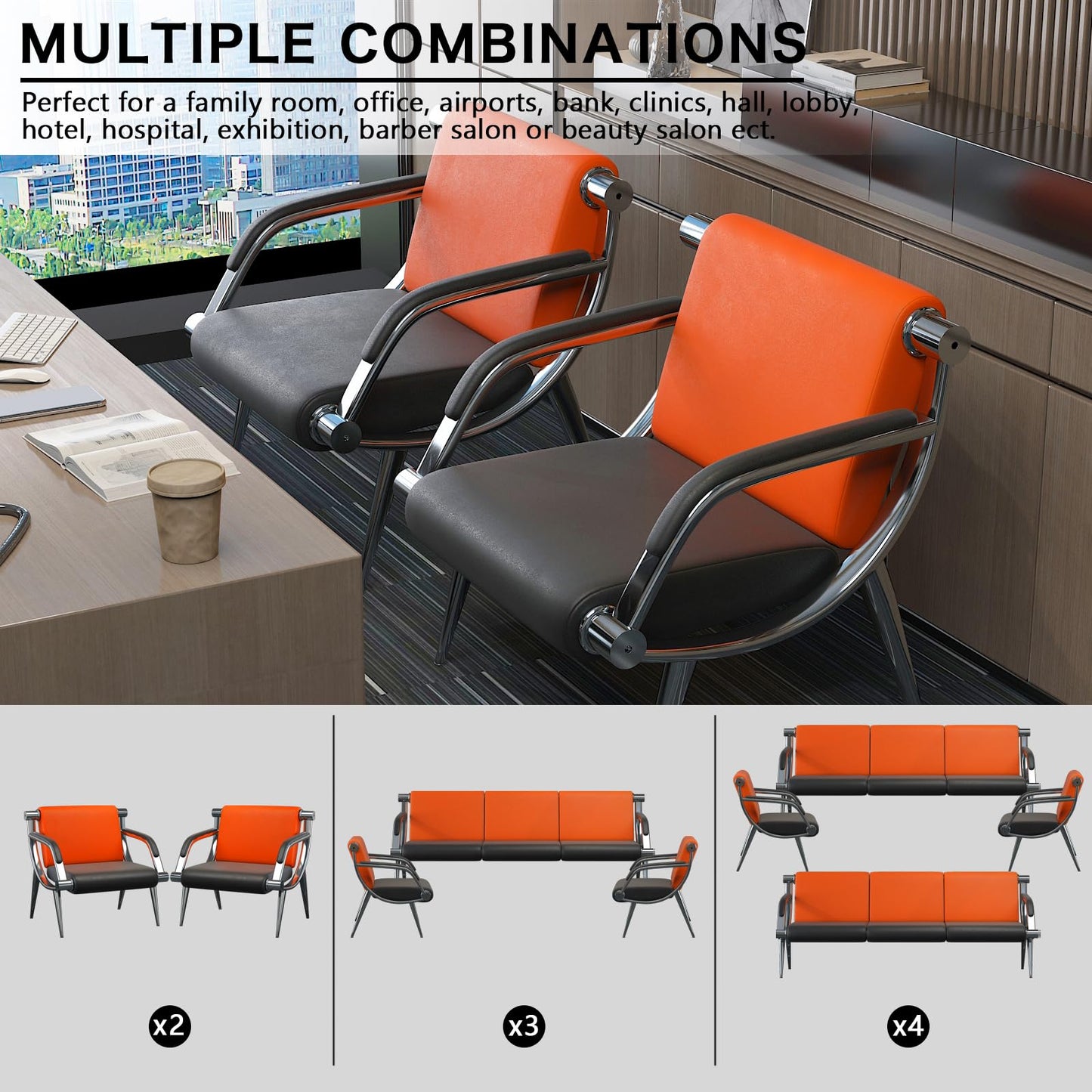 wonline 2Pcs Waiting Room Chair with Armrest PU Leather Office Furniture, Office Guest Seating Lobby Conference Reception Chairs for Airport Clinic Hospital Bank Salon Barber(Orange&Black)