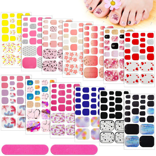 308 Pieces 14 Sheets Full Toe Wraps Adhesive Toenail Wraps Polish Stickers Adhesive Toe Nail DIY Glitter Manicure Decals with 2 Pieces Nail Files (Art Style)