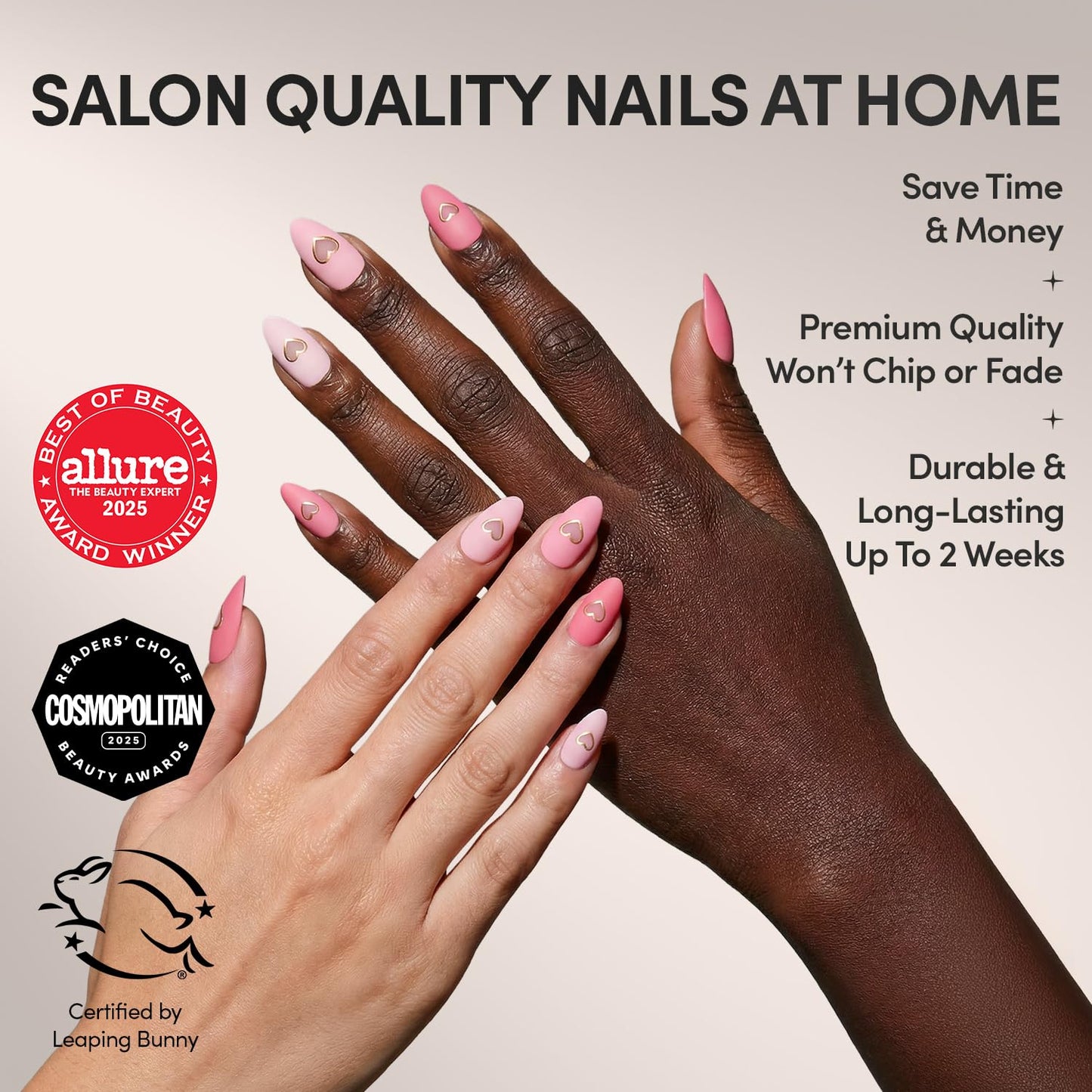 Glamnetic Press On Nails - Matte in Love | Short Almond Fake Nails in Mixed Pink Tones, Metallic Gold Heart in Matte Finish | 15 Sizes - 30 Nail Kit with Glue
