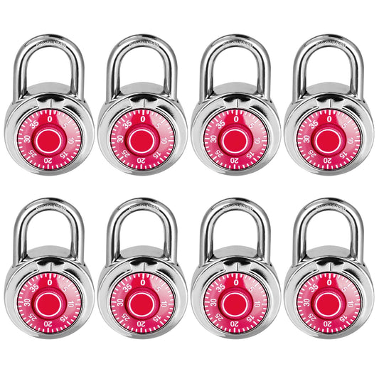 Combination Lock, LQYN Standard Dial Combination Lock, Pack of 8; Red Turnplate, 2 in. Wide, Fixed Three Digital Combination, for School, Gym & Locker, Toolbox, Gate