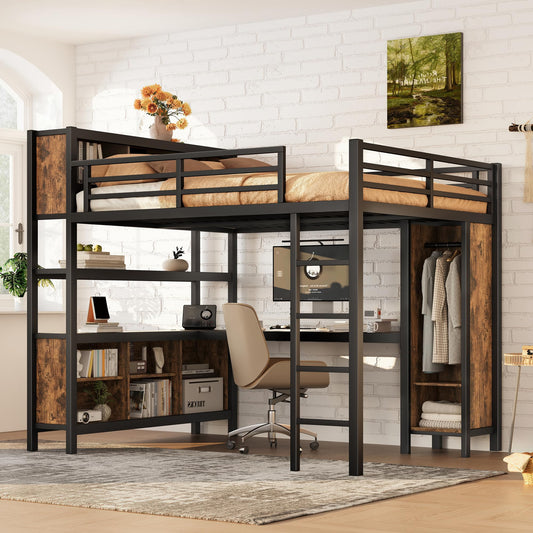 Ball & Cast Metal Loft Bed with Wardrobe and L-Shaped Desk,Queen Size Loft Bed with Storage Cubes and Shelves,Heavy Duty Loft Bed Frame for Kids Teens Adults,No Box Spring Need,Black+Brown