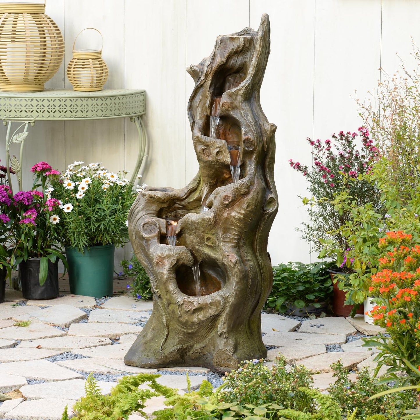 Sunlinua Water Fountain Outdoor 5-Tiers Large Cascading Realistic Tree Trunk Natural Waterfall Outdoor Fountain Resin Imitation Wood with LED Lights for Garden, Patio, Porch