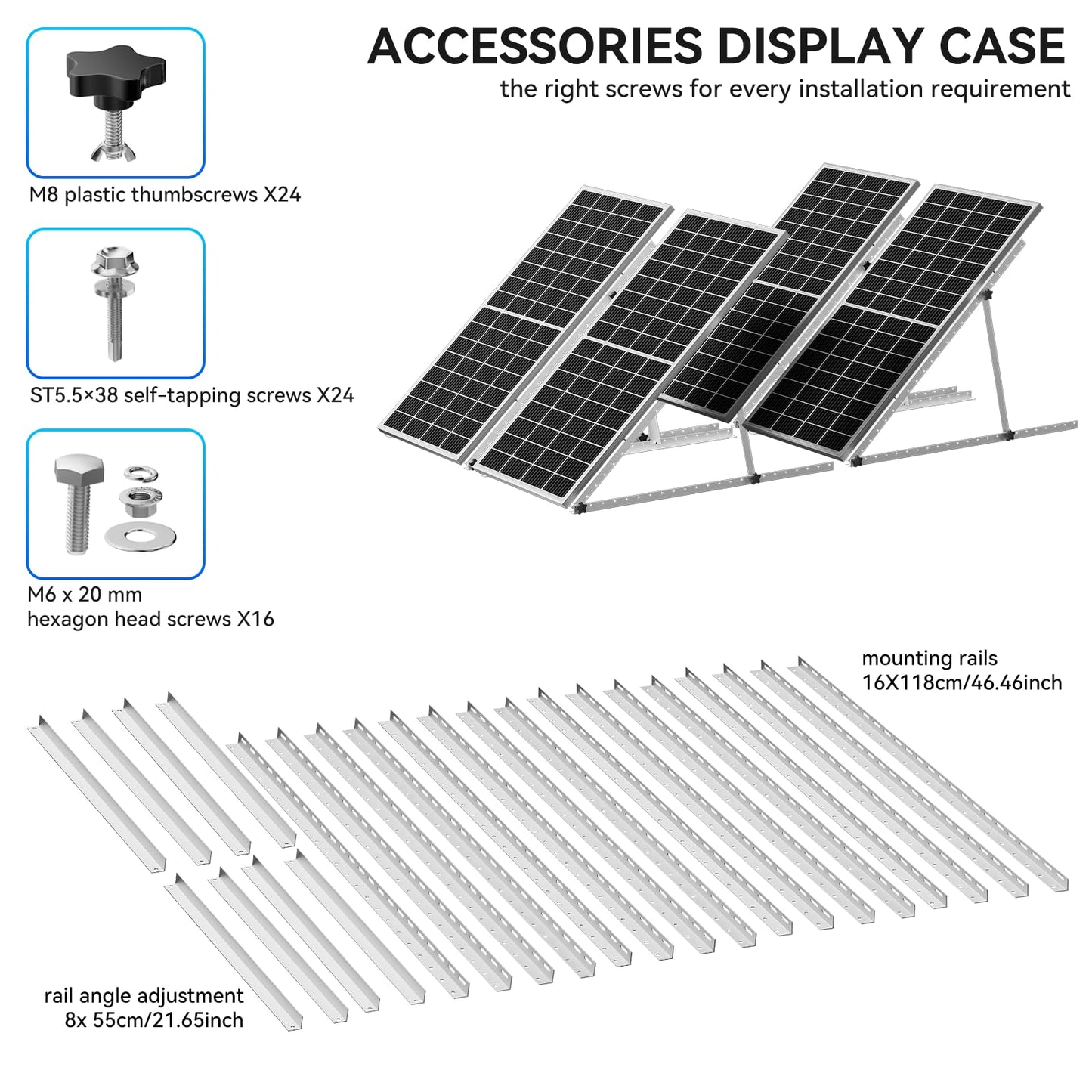 Rvpozwer Upgraded 47in 4 Sets Adjustable Solar Panel Tilt Mount Brackets, Foldable Tilt Legs, Support 100 200 300 400 500 Watt Solar Panels 4-8Pcs, Solar Panel Stand for Roof, Off-Grid, RV and Boat