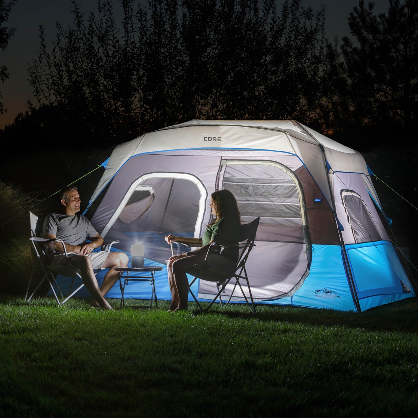 CORE 6 Person Instant Cabin Tent with LED Lights | Large Family Lighted Pop Up Tent for 60 Second Camp Setup | Included Storage Pockets for Camping Accessories