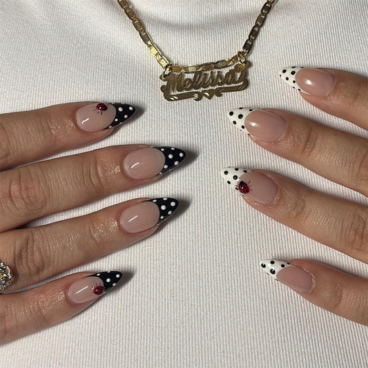 IMRAIN French Tip Press on Nails - Polka Dot, Medium Almond Fake Nails, 3D Red Ladybug Designs, Acrylic Full Cover False Nails, Glossy Black White Glue on Nails for Women Girls 24Pcs