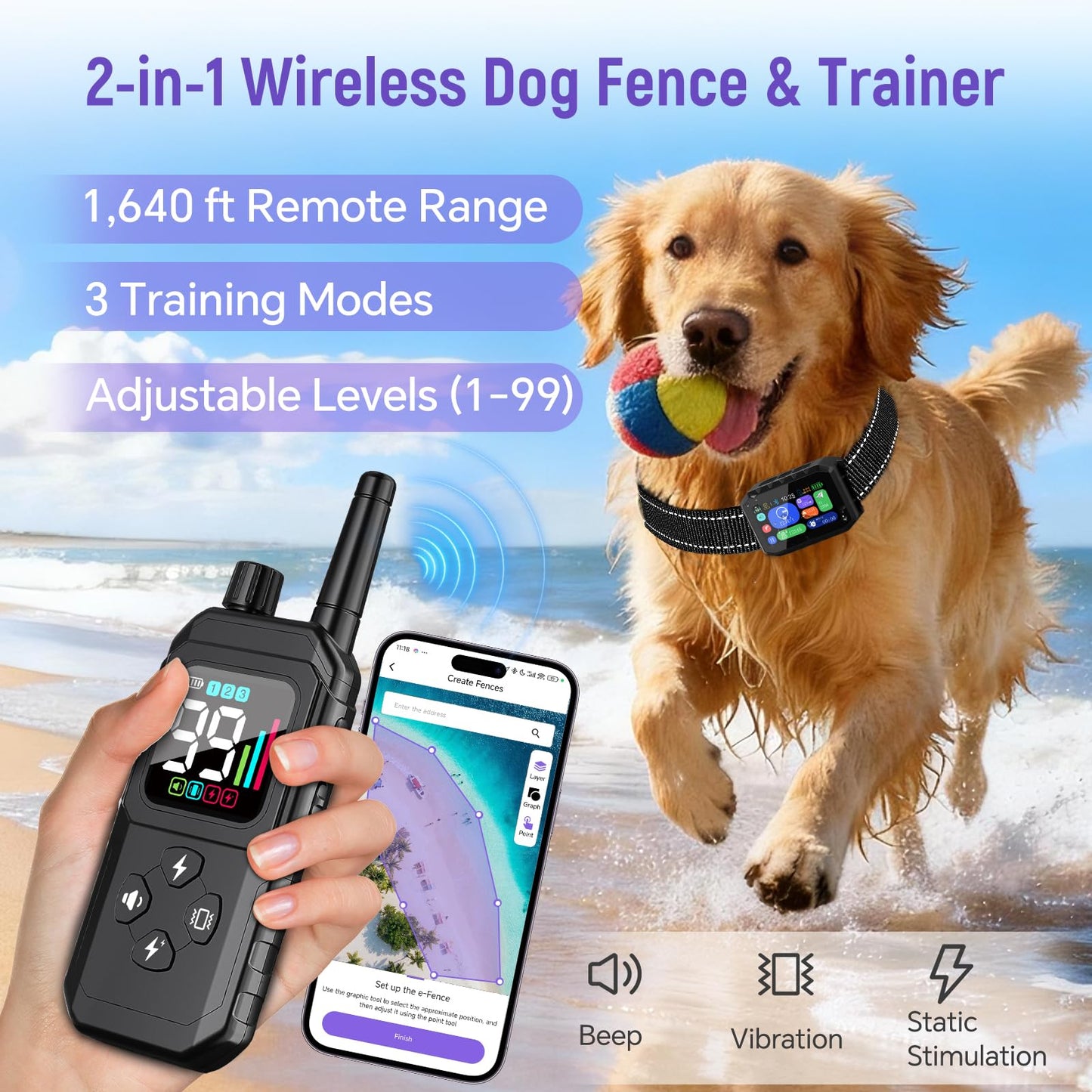 RAINLEOTI GPS Wireless Dog Fence – with Dog Collar, Remote & Free App, Custom GPS Fence, Adjustable Beep/Vibration/Static, IP67 Waterproof, Long Battery Life, for Dogs 10–120 lbs, Remote Kit