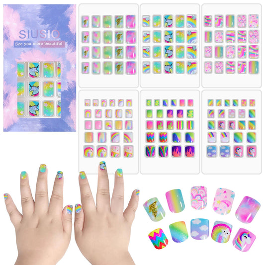 SIUSIO 132 Pcs 6Pack Kids Press on Nails Children Acrylic Fake Nails Cute Pre-glue Full Cover Glitter Gradient Color Rainbow Short Stick On False Nail Art Kits Set for Kids Little Girls - Spendid Pony