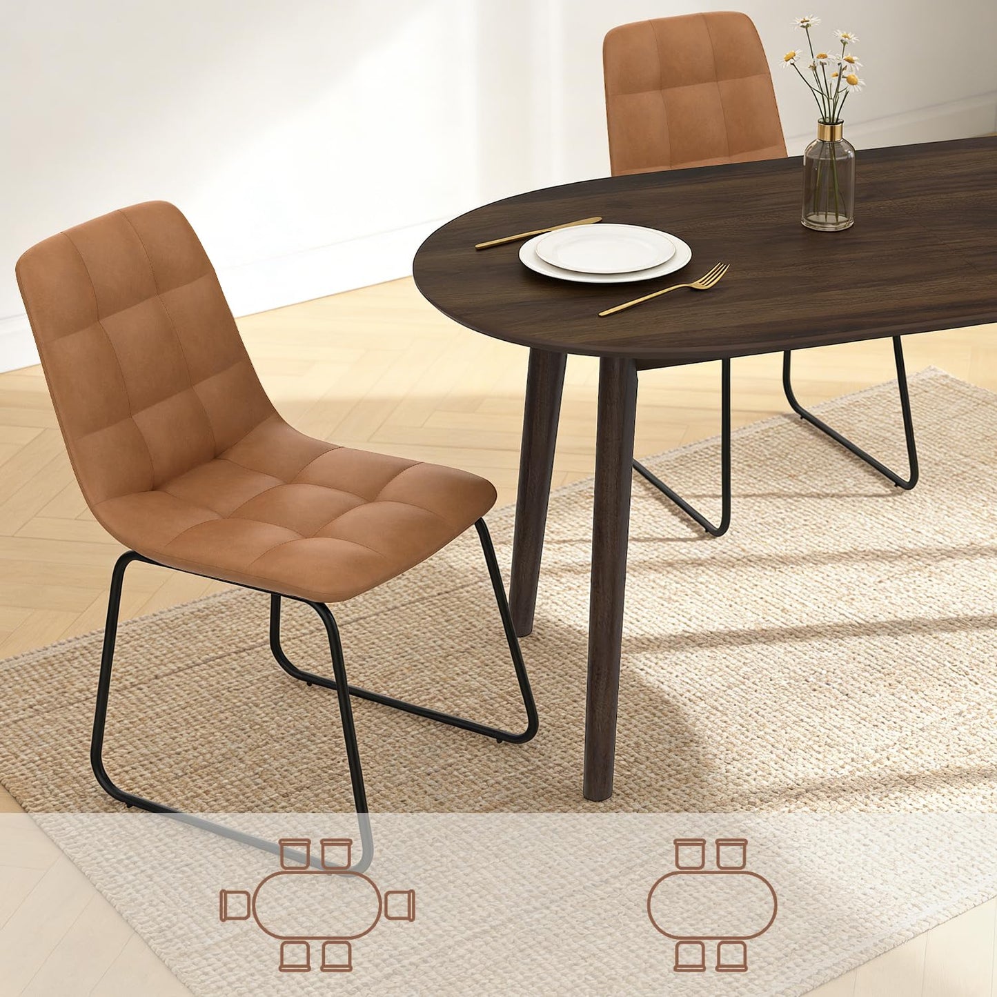 63" Oval Dining Table Set for 6, 7 Piece Modern Dining Table Set for Kitchen and Dining Room, Solid Wood Legs Dining Table with 6 Checkered PU Leather Dining Chairs（Walnut Table+6 Brown Chairs)