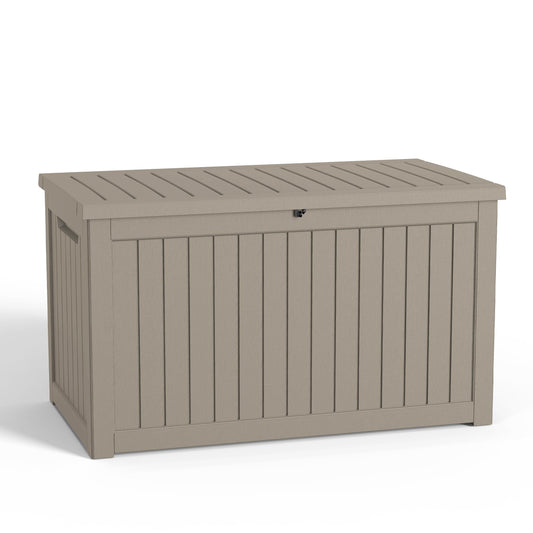 DRATO 280 Gallon Deck Boxes Outdoor Waterproof, Resin Large Lockable Storage Box with Lid, Outdoor Storage Bench Patio Cushions Furniture, Garden Tools, Pool Accessories (Grey, 280 Gallon)