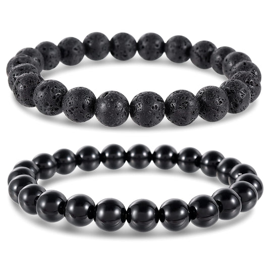 Bivei Natural Gemstone Semi Precious Crystals Handmade Stretchy Round Beads Bracelet, Enhance Positive Energy,Stocking Stuffers for Women(Lava Stone & Black Obsidian (Protection) Medium)