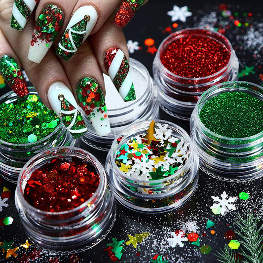 Christmas 3D Snowflake Christmas Tree Nail Glitter Sequins Mixed 3 Color Nail Glitter Powder Hexagon Glitter Sequins Winter Nail Decals for for Women Nail Decorations DIY Manicure Accessories(6 Box)
