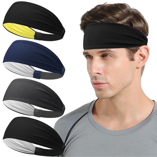 Qearl 4 Packs Cooling Sports Headbands for Men Elastic Workout Sweatbands Moisture Wicking Non-Slip Wide Headbands for Running Cycling