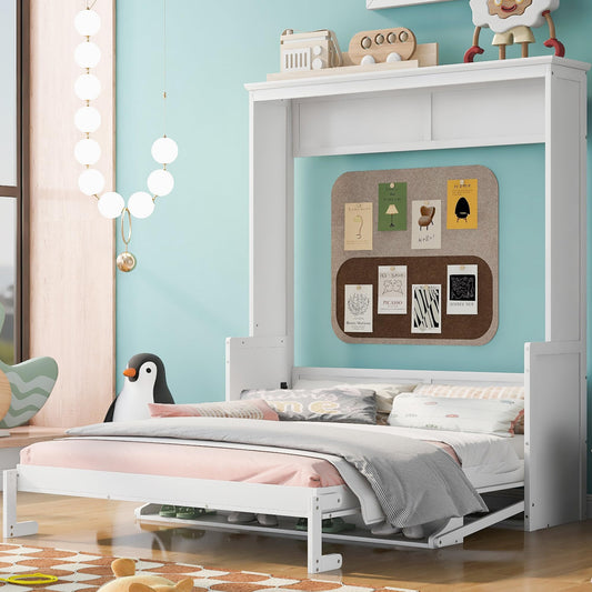 Merax Upgrade Queen Size Murphy Bed Space-Saving Wooden Wall Bedframe with a Shelf for Guest Room,Home Office,White