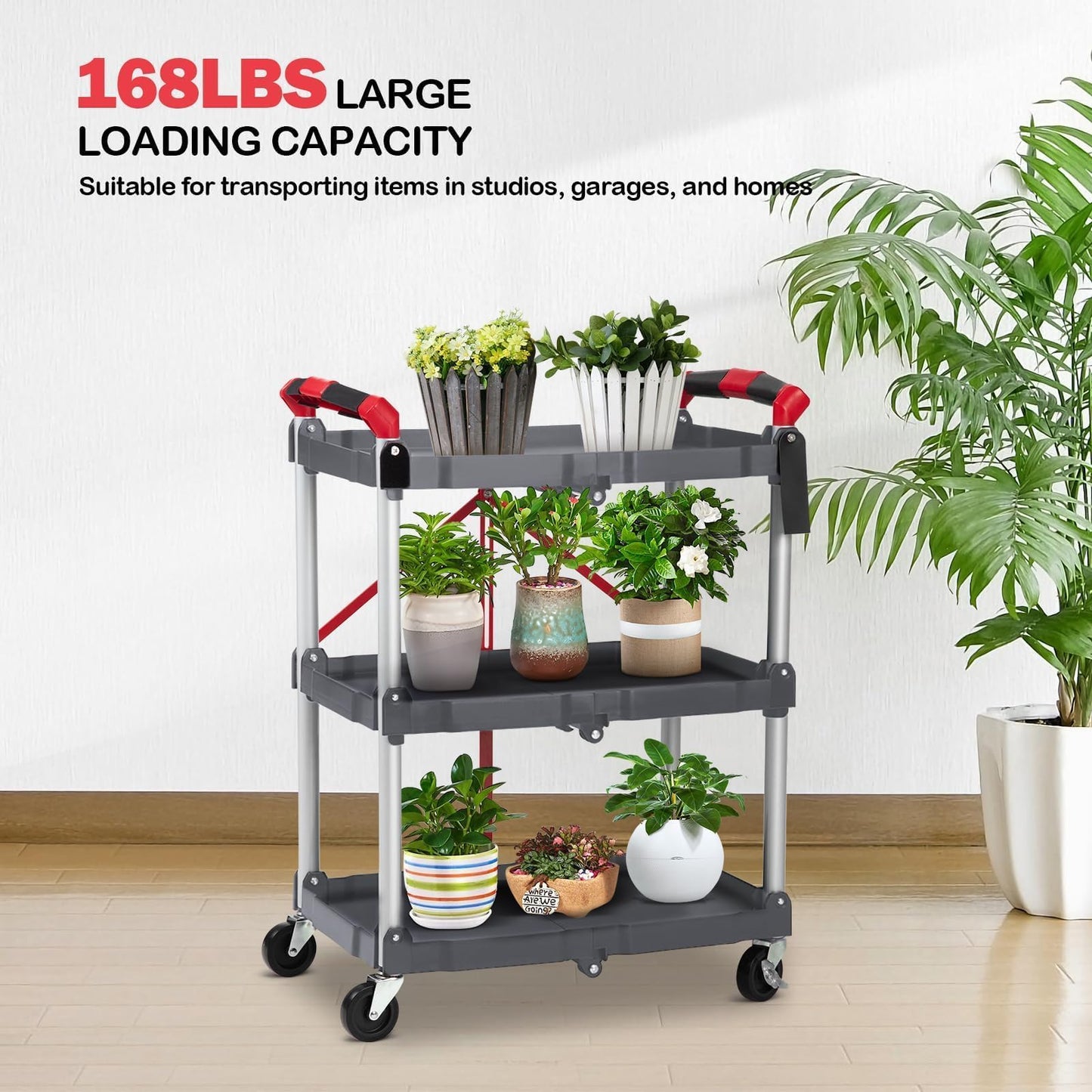 3-Tier Holds Foldable Utility Carts, Collapsible Service Rolling Carts with Wheels， for Home, Office, Garage, and Warehouse，No Installation Required