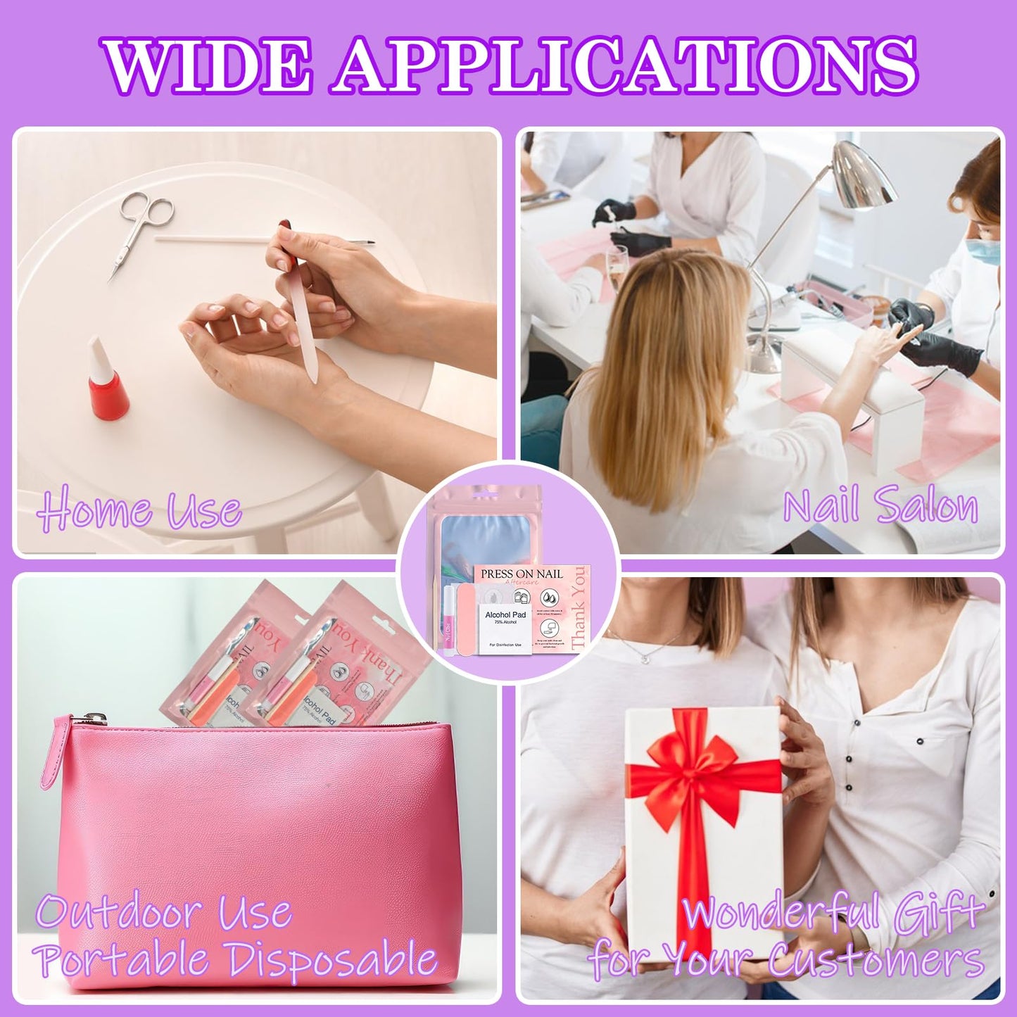 Disposable Nail Supplies Kits,Professional Manicure Press On Nail Tool Kit with Nail File,Adhesive Tabs,Nail Glue,Sticks, Prep Pads,Bags,Cards for Nail Business (350pcs50set-pink)