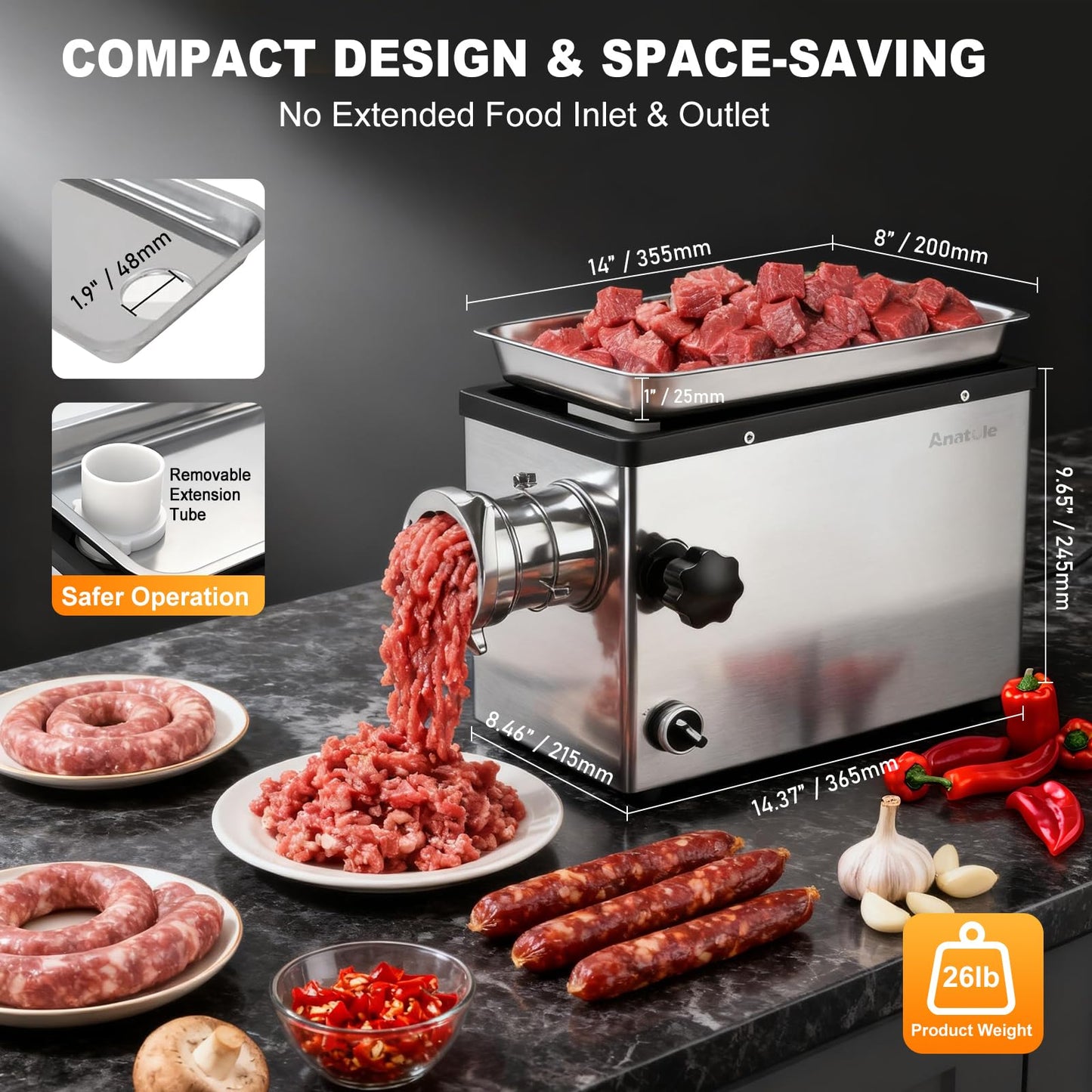 Anatole Commercial Electric Meat Grinder 1.8 HP 1300 W Heavy Duty Meat Bones Mincer Stainless Steel Sausage Stuffer with 6 Grinding Plate 4 Blades for Restaurant Hotel 110V
