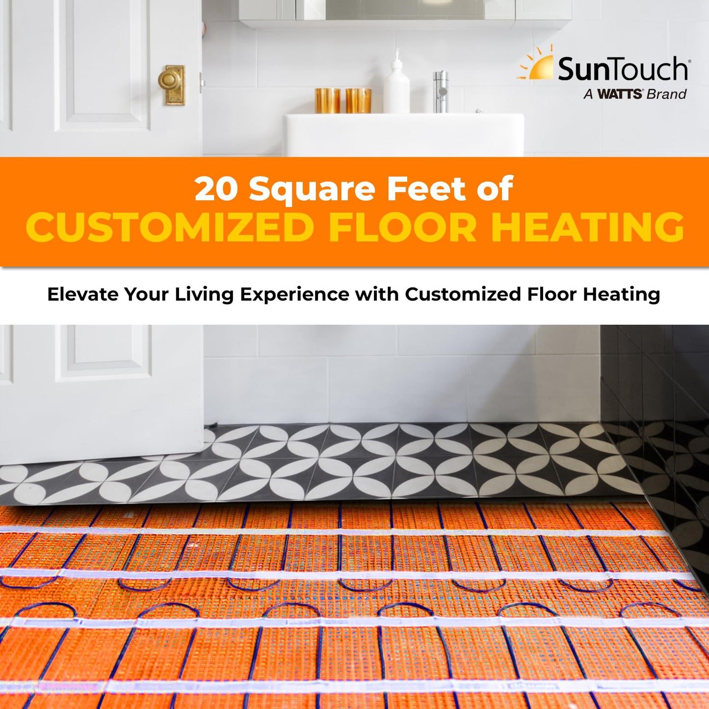 SunTouch TapeMat Electric Under Floor Heating Mat with 1/8" Thick Cable, Open-Weave Orange Mesh, 15 Sq Ft (7.5' x 2'), 120V, Commercial and Residential, Installs Beneath Tile, Stone, Laminate