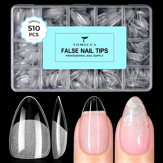 TOMICCA Short Almond Nail Tips, 510pcs 15 Sizes Pre-Shaped Soft Acrylic Gel Nail Tips Almond Shape Clear Press on Nails Extensions False Nails for Nail Manicure Salon Beginner Home DIY